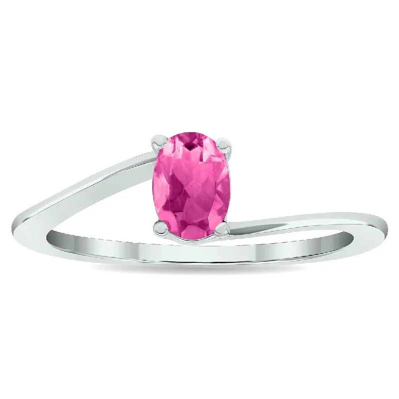 Women's Solitaire Pink Topaz Wave Ring in 10K White Gold