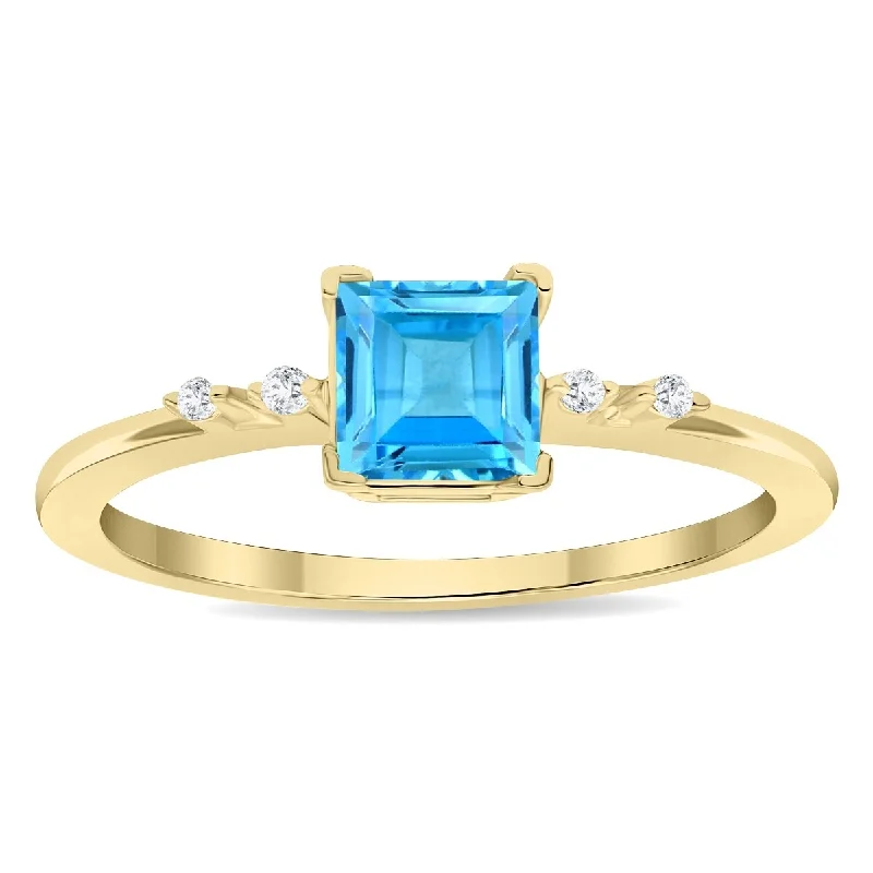 Women's Square Shaped Blue Topaz and Diamond Sparkle Ring in 10K Yellow Gold