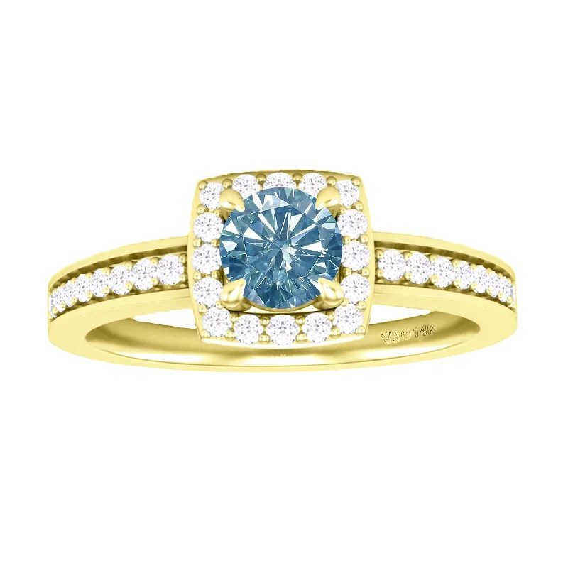 Yellow Gold with Blue Moissanite and White Diamond Halo Ring