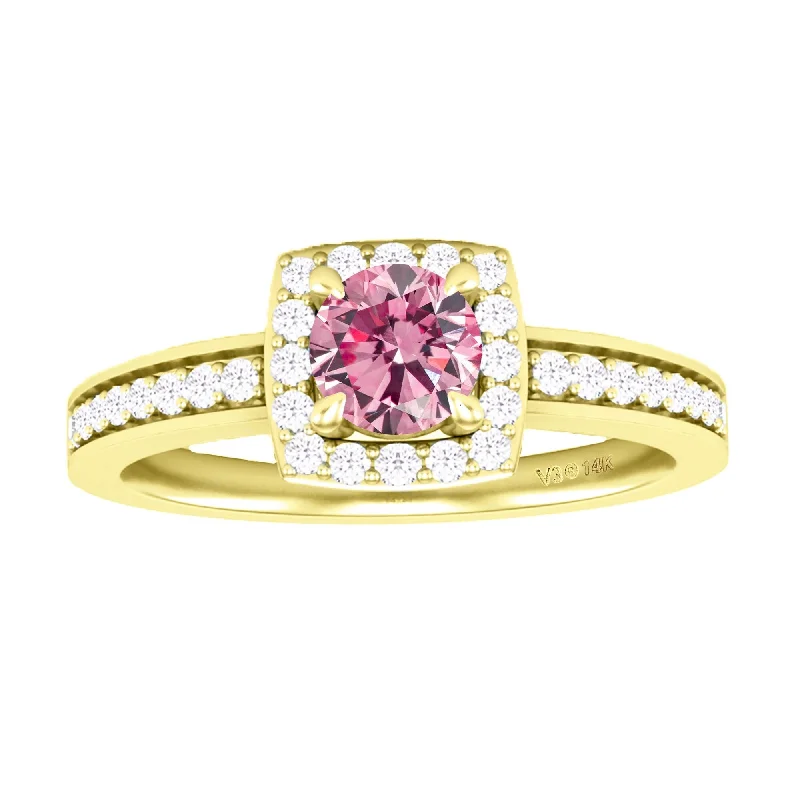 Yellow Gold with Pink Moissanite and White Diamond Halo Ring