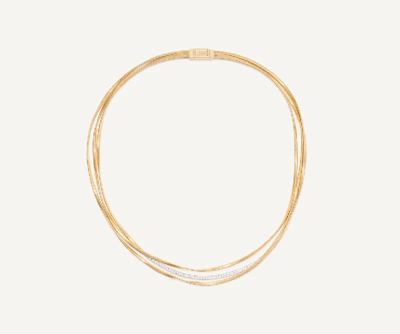 18K Yellow Gold 3-Strand Coil Necklace With Diamond Bar