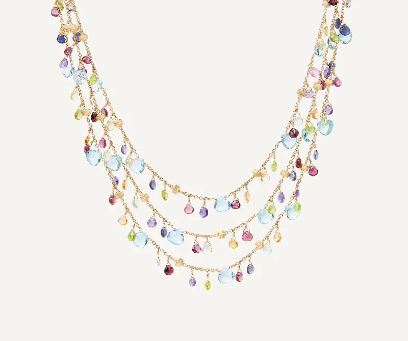 18K Yellow Gold 3-Strand Gemstone Necklace, Topaz Accents