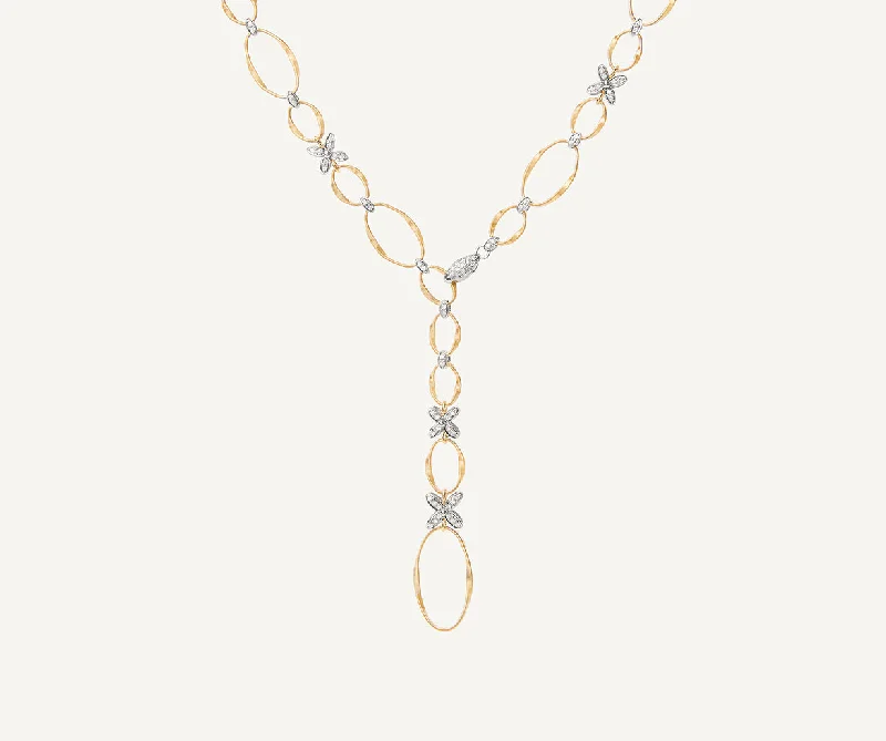 18K Yellow Gold Flat Link Lariat with Diamond Flowers