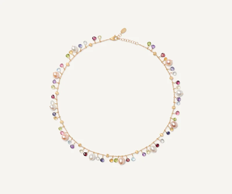 18K Yellow Gold Single-Strand Gemstone Necklace With Freshwater Pearls