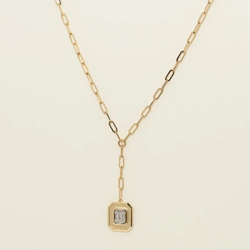 Baguette and Round Diamond Paperclip Lariat Necklace in 14kt Yellow Gold (1/7ct tw)