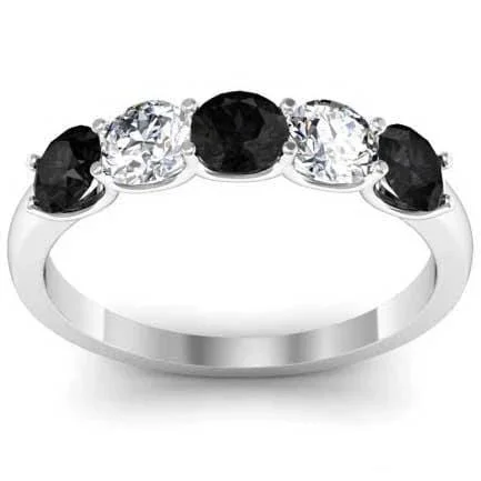 1.00cttw U Prong Black Diamond and White Diamond Five Stone Band