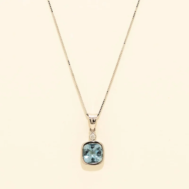 Cushion Aquamarine Necklace in 14kt White Gold with Diamond (.03)