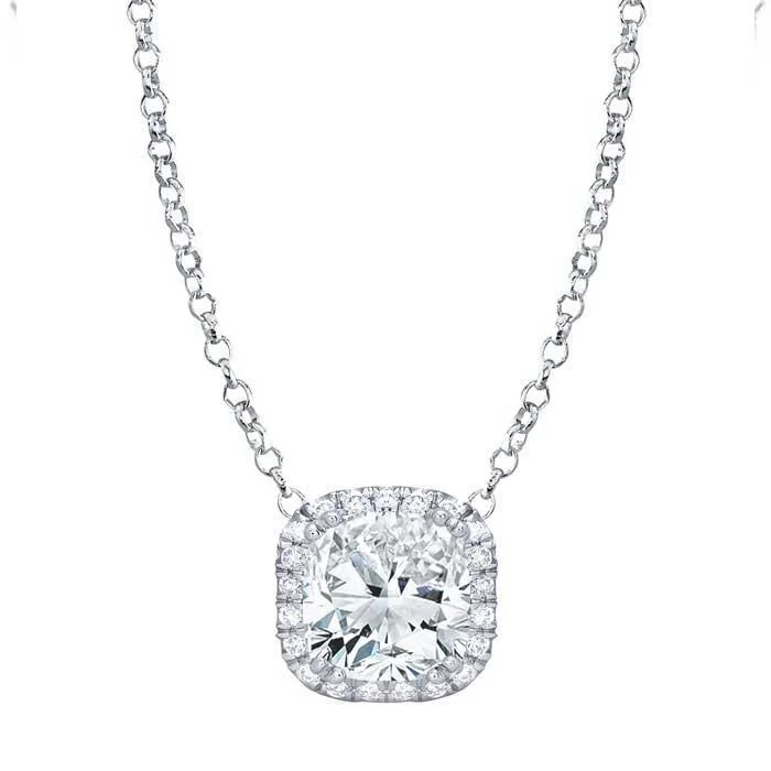 Cushion Cut Moissanite Pendant with Diamond Cushion Halo