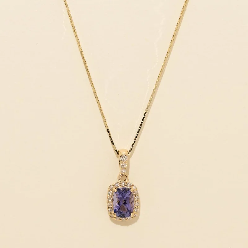 Cushion Cut Tanzanite Necklace in 14kt Yellow Gold with Diamonds (1/7ct tw)