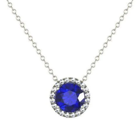 Diamond Halo Gold Pendant with Blue Sapphire Center