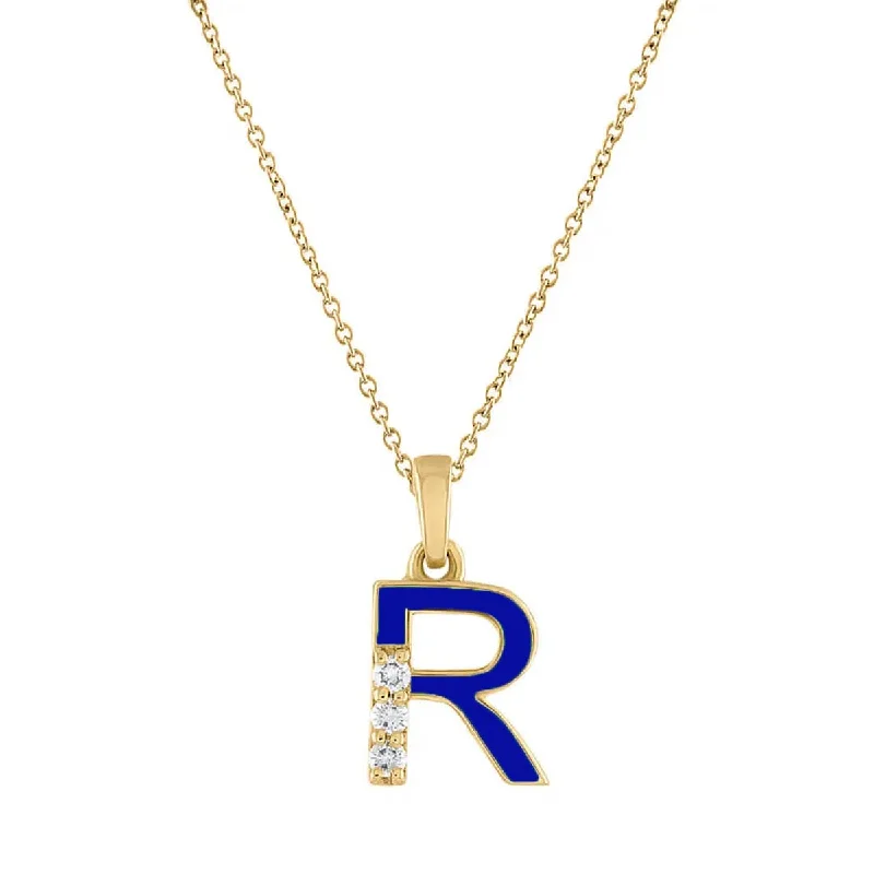 Diamond Initial R Twilight Blue Enamel Necklace in 14kt Yellow Gold (.03ct tw)