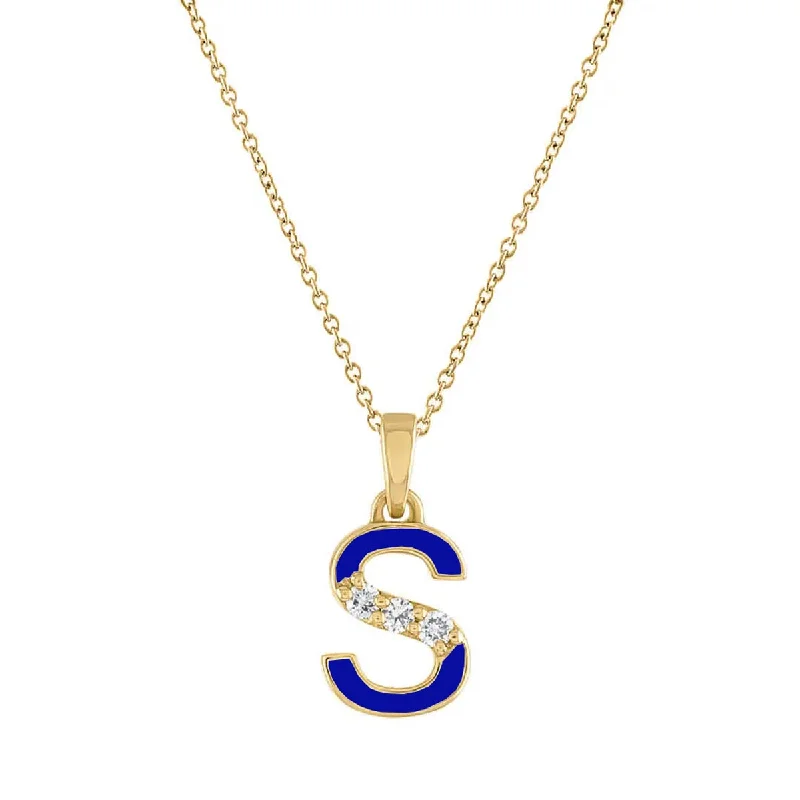 Diamond Initial S Cobalt Blue Enamel Necklace in 14kt Yellow Gold (.03ct tw)