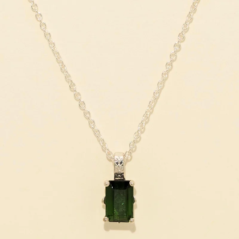 Emerald Cut Green Maine Tourmaline Necklace in Sterling Sliver