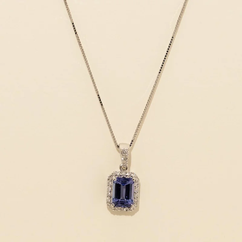 Emerald Cut Tanzanite Necklace in 14kt White Gold with Diamonds (1/7ct tw)