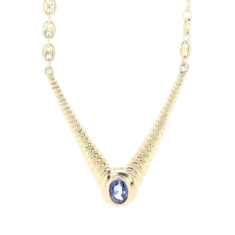 Estate 18k Yellow Gold Bezel Set Oval Sapphire in Ribbed "V" Design Necklace