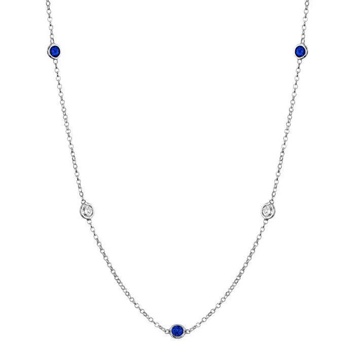 Blue Sapphire and Diamond Station Necklace