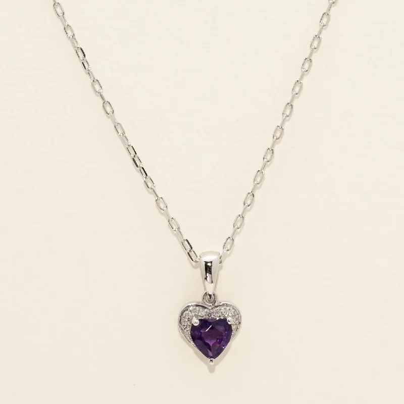 Heart Shape Amethyst Necklace in 14kt White Gold with Diamonds (.04ct tw)