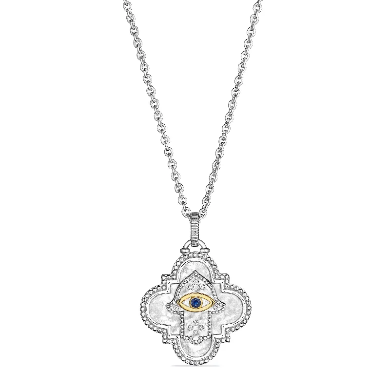 Little Luxuries Long Quatrefoil Hamsa Medallion Necklace with Blue Sapphire, Diamonds and 18K Gold