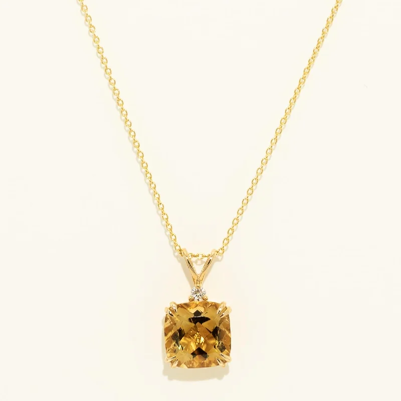 Madison L Cushion Cut Citrine Necklace in 14kt Yellow Gold with Diamonds (.03tw)