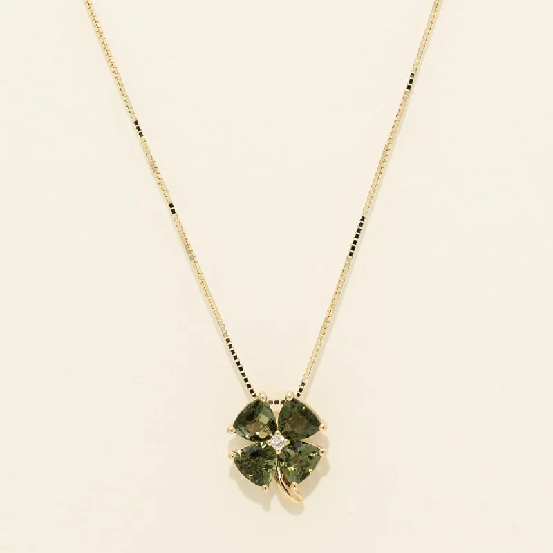 Maine Green Tourmaline Clover Necklace in 14kt Yellow Gold with Diamonds(.01tw)