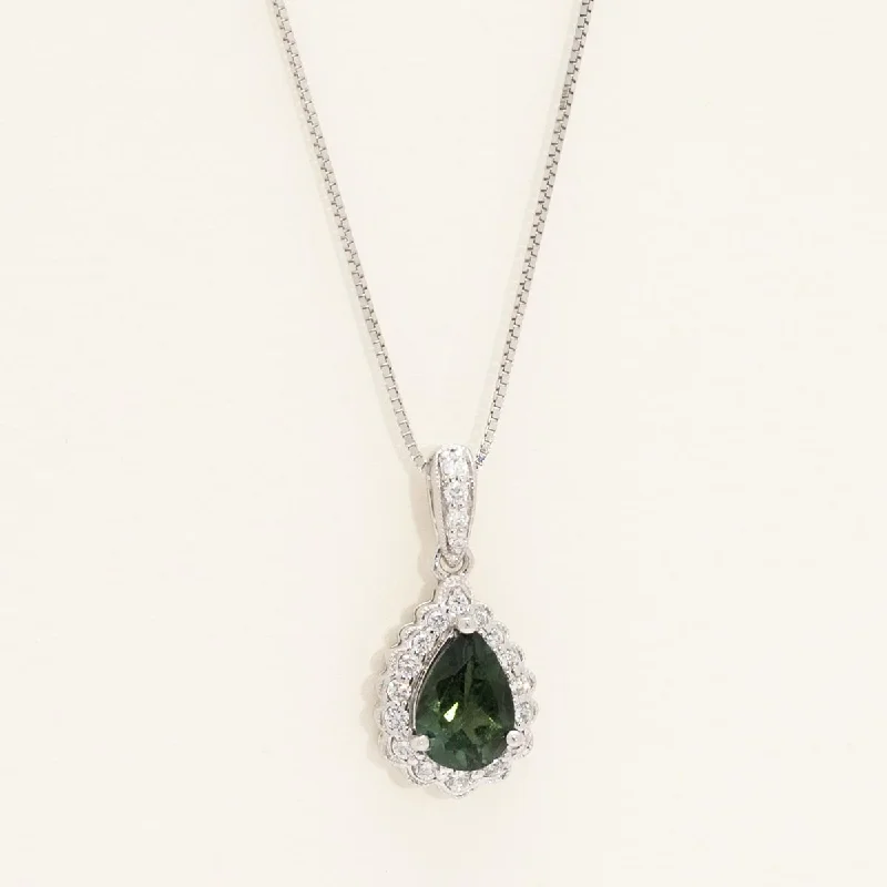 Maine Green Tourmaline Pear Shape Necklace in 14kt White Gold with Diamonds (1/7ct tw)