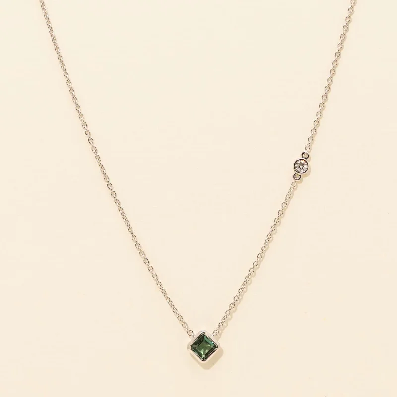 Maine Green Tourmaline Princess Cut Bezel Necklace in 14kt White Gold