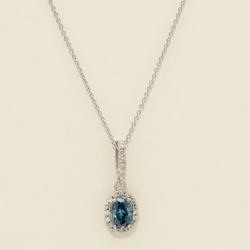 Oval Blue Diamond Halo Necklace in 14kt White Gold (5/8ct tw)