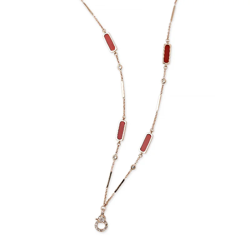 PAVE CHARM CLIP 4 RED AGATE INLAY DIAMOND SMOOTH BAR NECKLACE