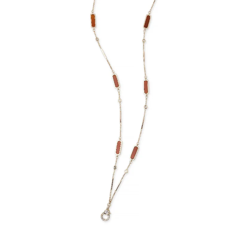 PAVE CHARM CLIP 6 RED AGATE INLAY DIAMOND SMOOTH BAR NECKLACE