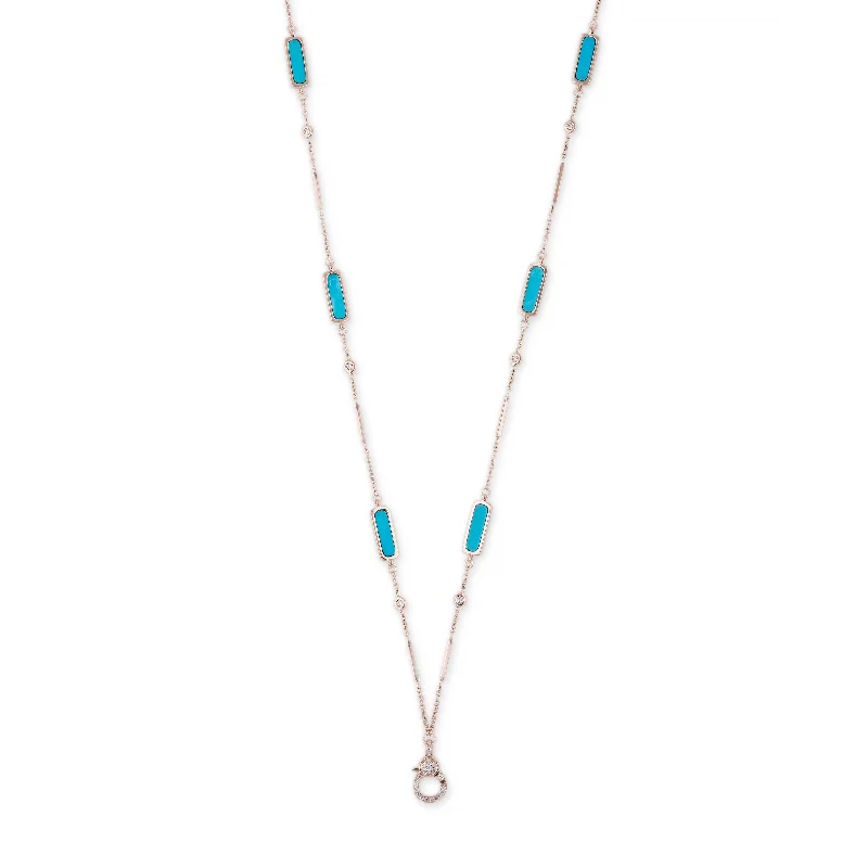 PAVE CHARM CLIP 6 TURQUOISE INLAY DIAMOND SMOOTH BAR NECKLACE