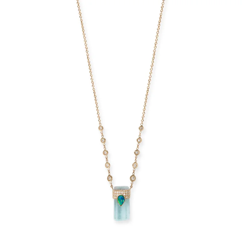 PAVE OPAL TEARDROP CAP + AQUAMARINE CRYSTAL NECKLACE