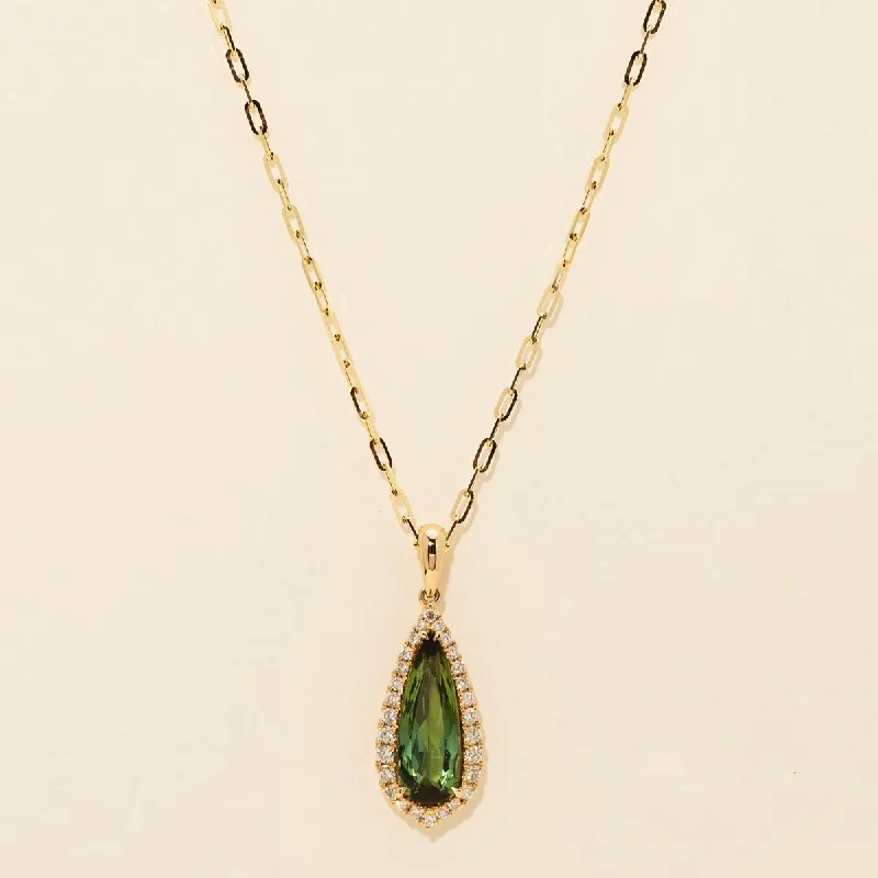 Pear Maine Green Tourmaline Necklace in 14kt Yellow Gold with Diamonds (1/5ct tw)