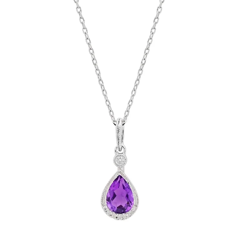 Pear Shape Amethyst Necklace in 14kt White Gold with Diamonds