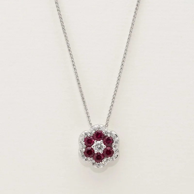 Ruby Flower Necklace in 18kt White Gold with Diamonds (1/5ct tw)