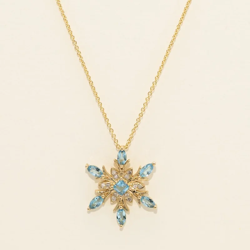 Swiss Blue Topaz Snowflake Necklace in 14kt Yellow Gold with Diamonds (1/20ct tw)