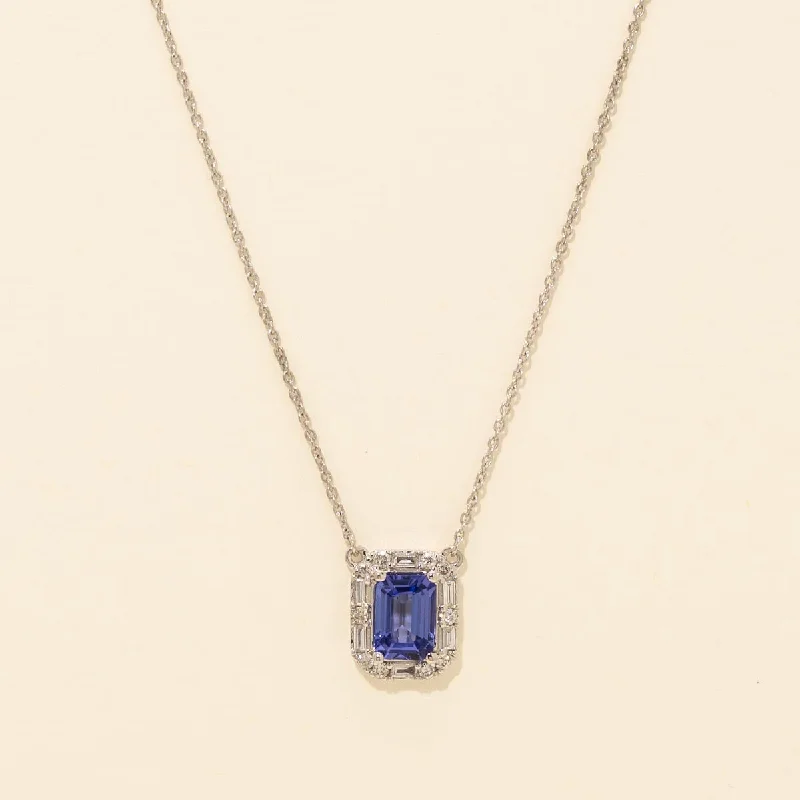 Tanzanite Necklace in 14kt White Gold with Baguette and Round Diamonds (1/5ct tw)