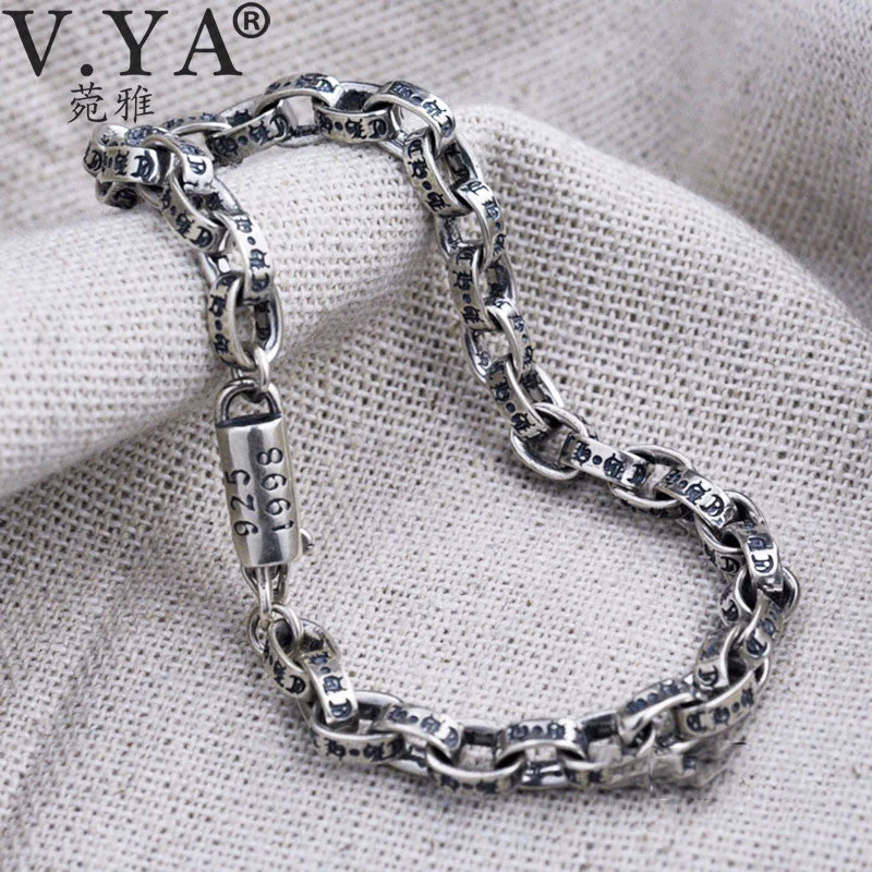 V.YA Punk Men Jewelry Pure Handmade Thai Silver Buckle Link Bracelets Male Sanskrit