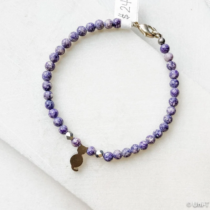 Purple Agate with Silver Plated Cat