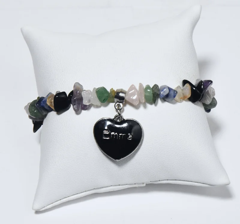 Black Enamel "Emma" Heart Charm on Gemstone Chip Bead Stretch Bracelet