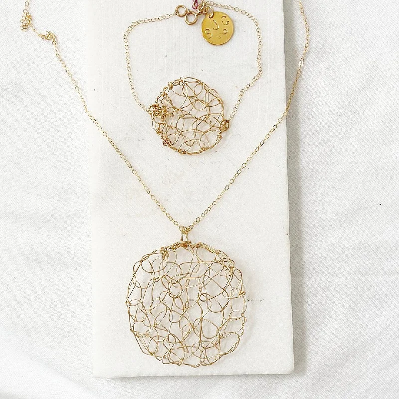 Gold filled Round Wire Crochet Pendant Necklace & Bracelet Set