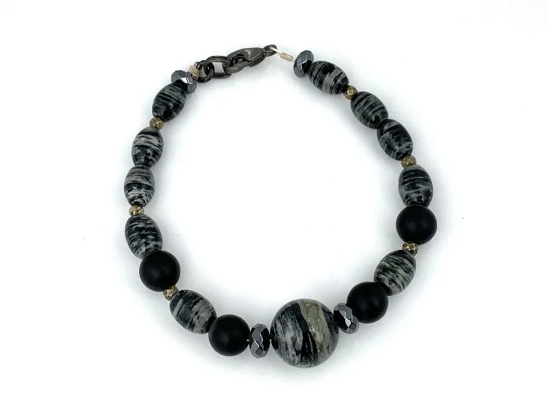 Silver Mist Jasper + Onyx Bead Bracelet