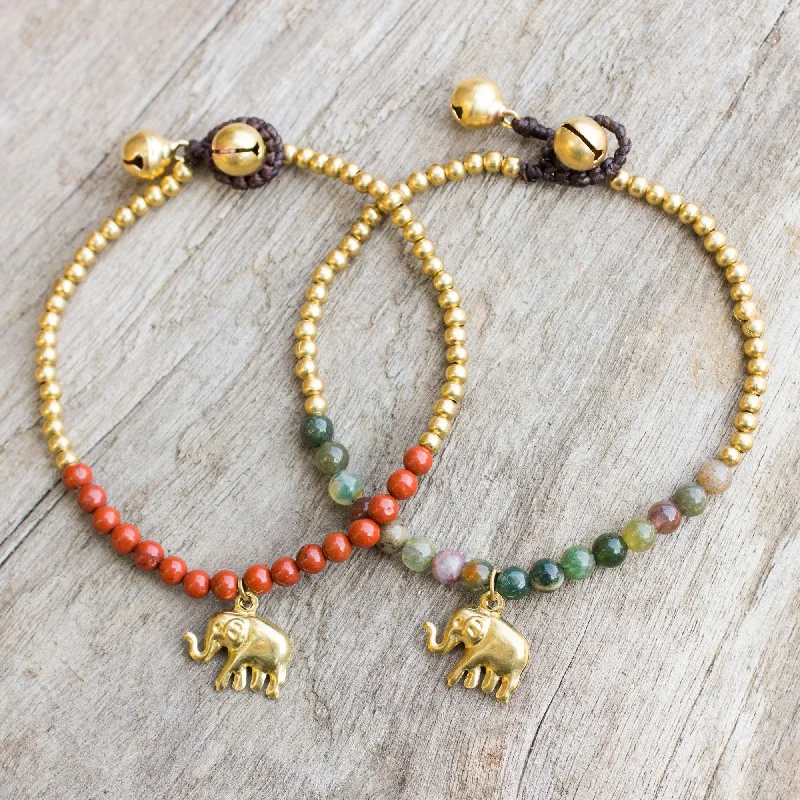 Stylish Elephants Jasper and Elephant Charm on Pair of Brass Beaded Bracelets