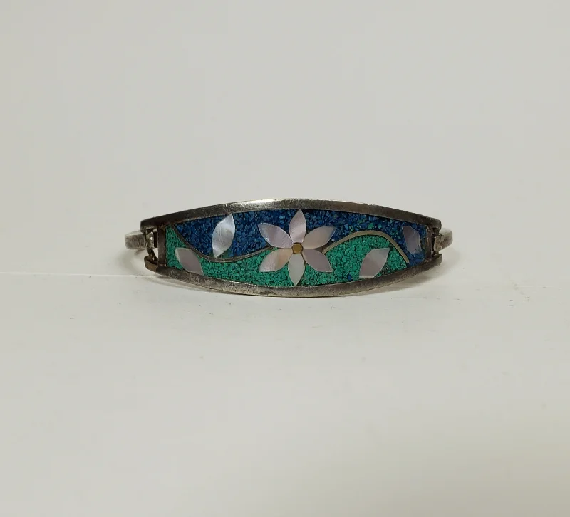 Vintage Floral Inlaid Hinged Bangle Bracelet