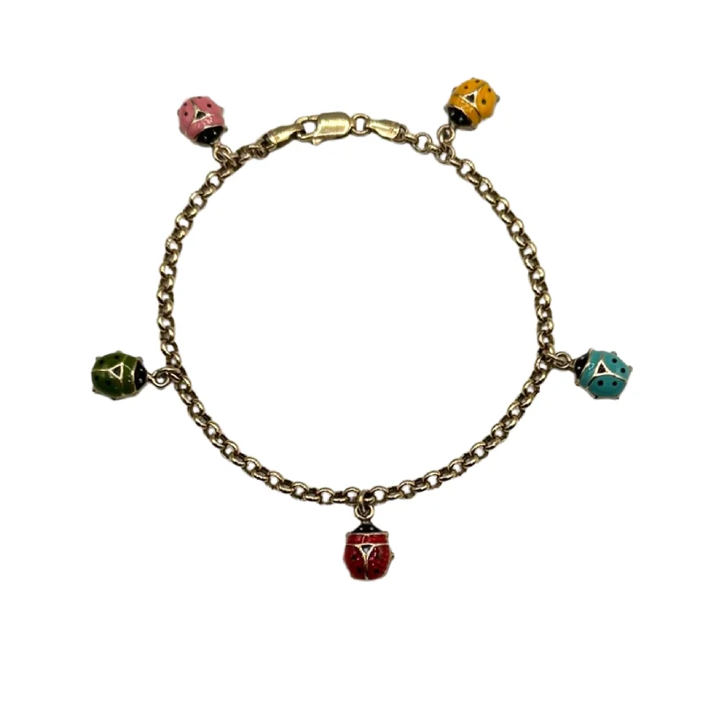 Vintage Italian 10k Gold Rolo Link Bracelet with Enamel Ladybug Charms