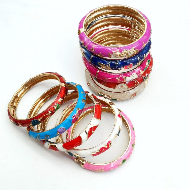 Wholesale 12pcs Old Beijing Cloisonne Inlaid Cat's Eye Alloy Open Bracelet