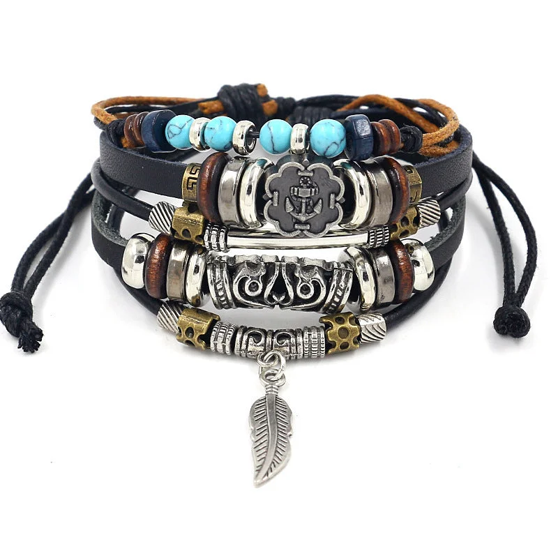 Wholesale alloy anchor cowhide bracelet turquoise beaded multi-layer braided bracelet