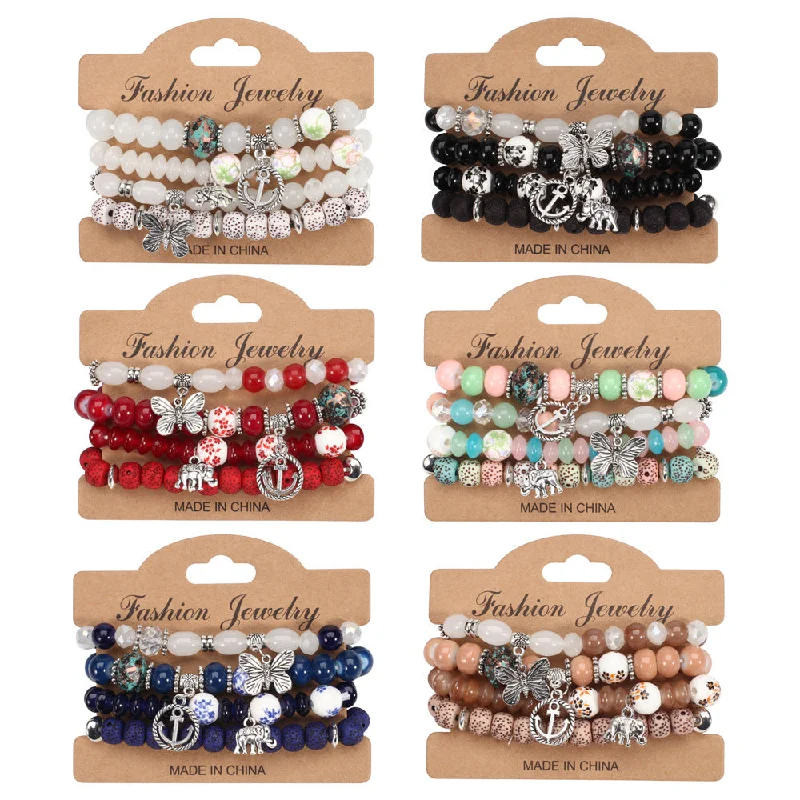 Wholesale Bohemian Butterfly Anchor Elephant Pendant Multi-layer Bracelet