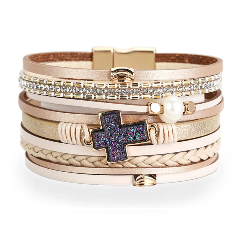 Wholesale Bohemian Multi-layered Braided Leather Cross Bracelet