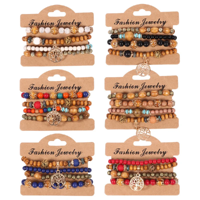 Wholesale Bohemian Wooden Tree of Life Bracelet Set