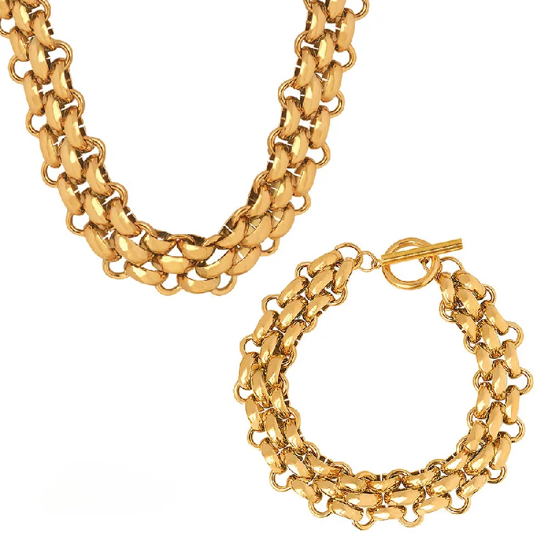 Wholesale Buckle Design Thick Chain Gold Plated Bracelet Necklace Jewelry Set